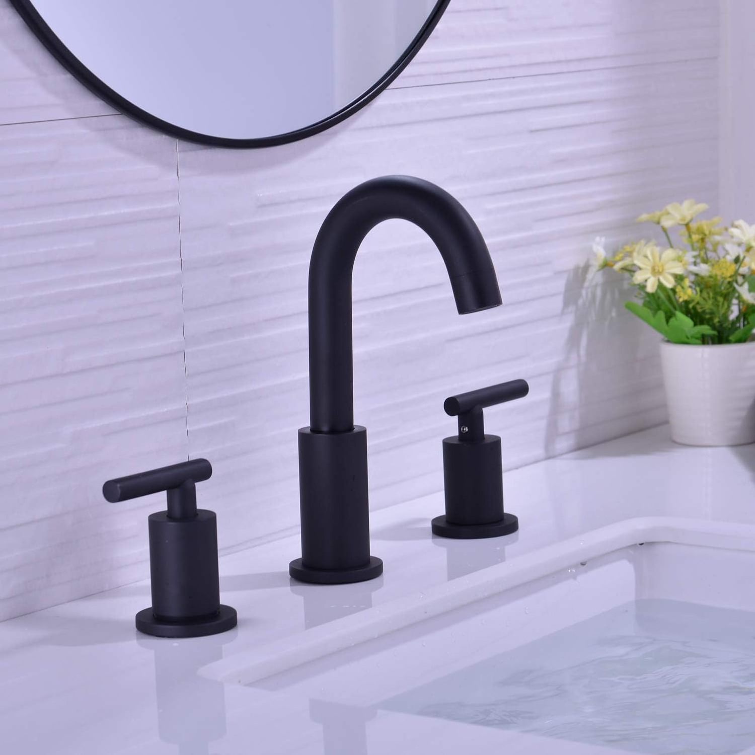 Two Handle Bathroom Sink Faucet with Metal Overflow Drain Widespread Bathroom Faucet with 360 degree  Swivel Gooseneck