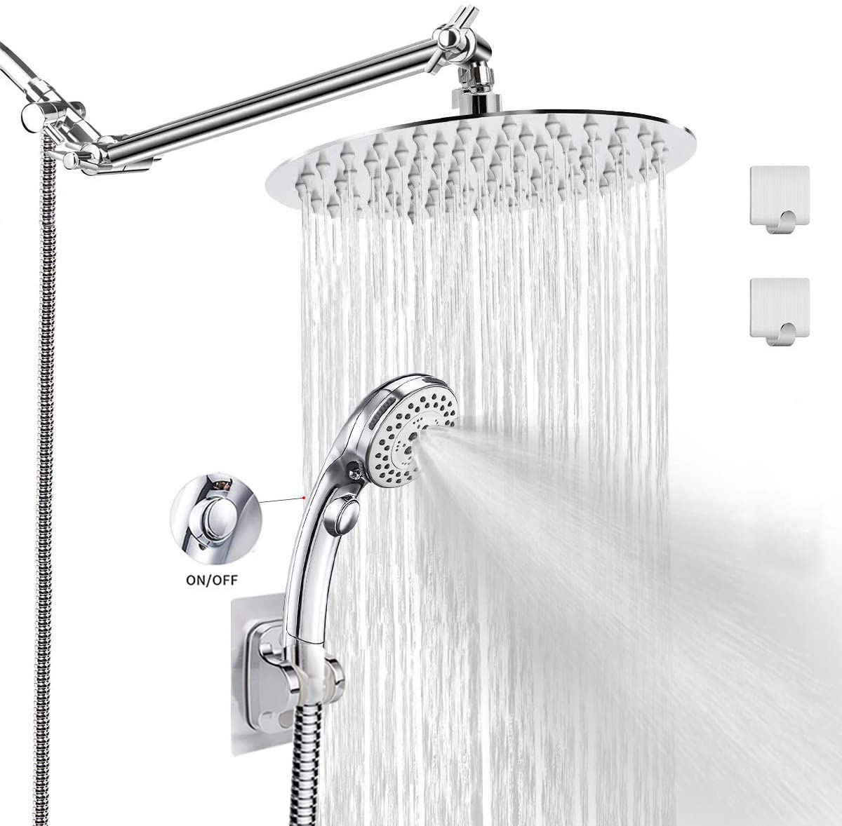 Shower Head Kit with Hose, Luxurious Stainless Steel 8'' Rain Showerhead and 5 Settings Handheld Combo with Push Button Flow Con