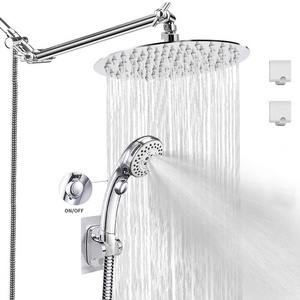 Shower Head Kit with Hose, Luxurious Stainless Steel 8'' Rain Showerhead and 5 Settings Handheld Combo with Push Button Flow Con