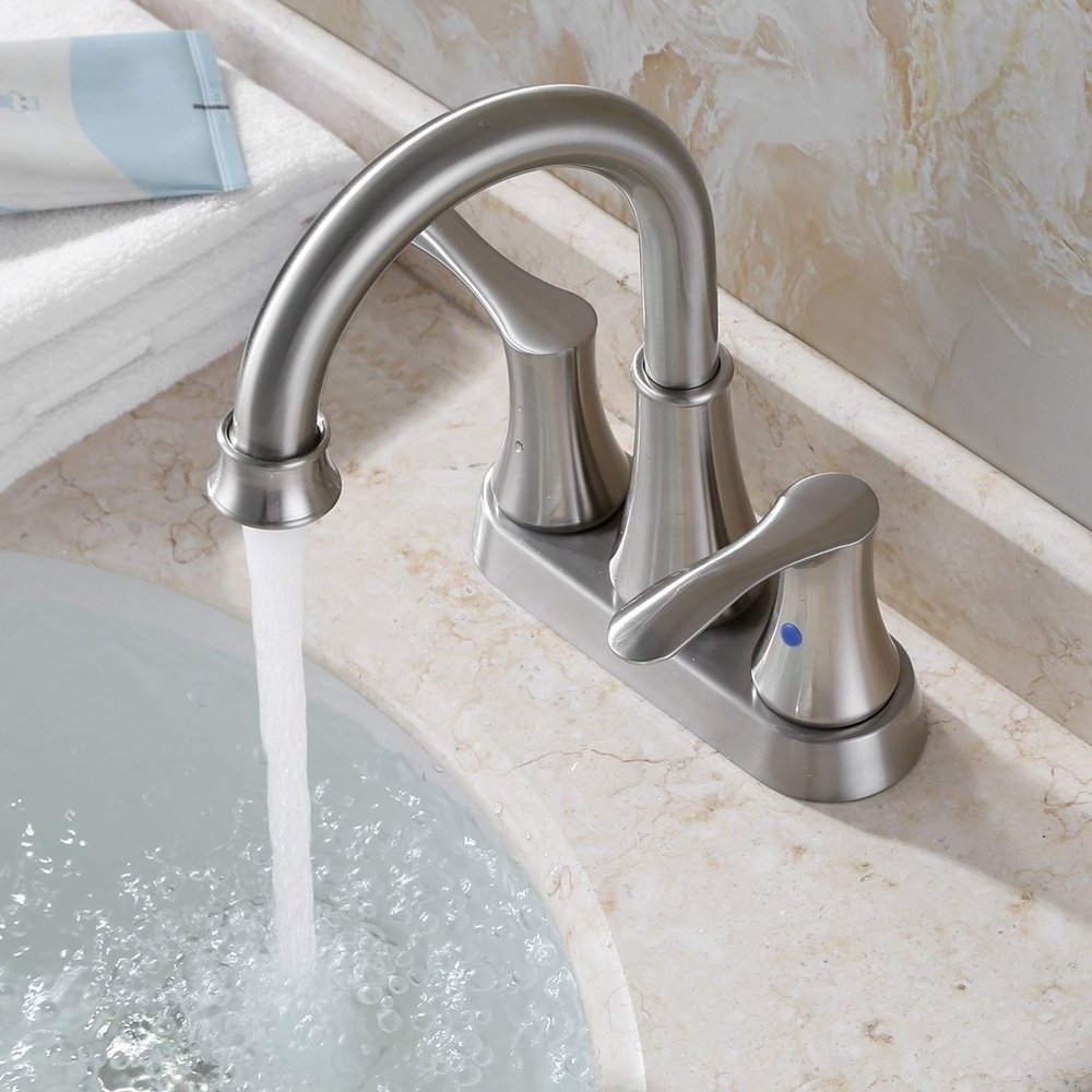 Swivel Spout 2-handle Lavatory Faucet Brushed Nickel Bathroom Sink Faucet with Pop-up Drain and Faucet Supply Lines