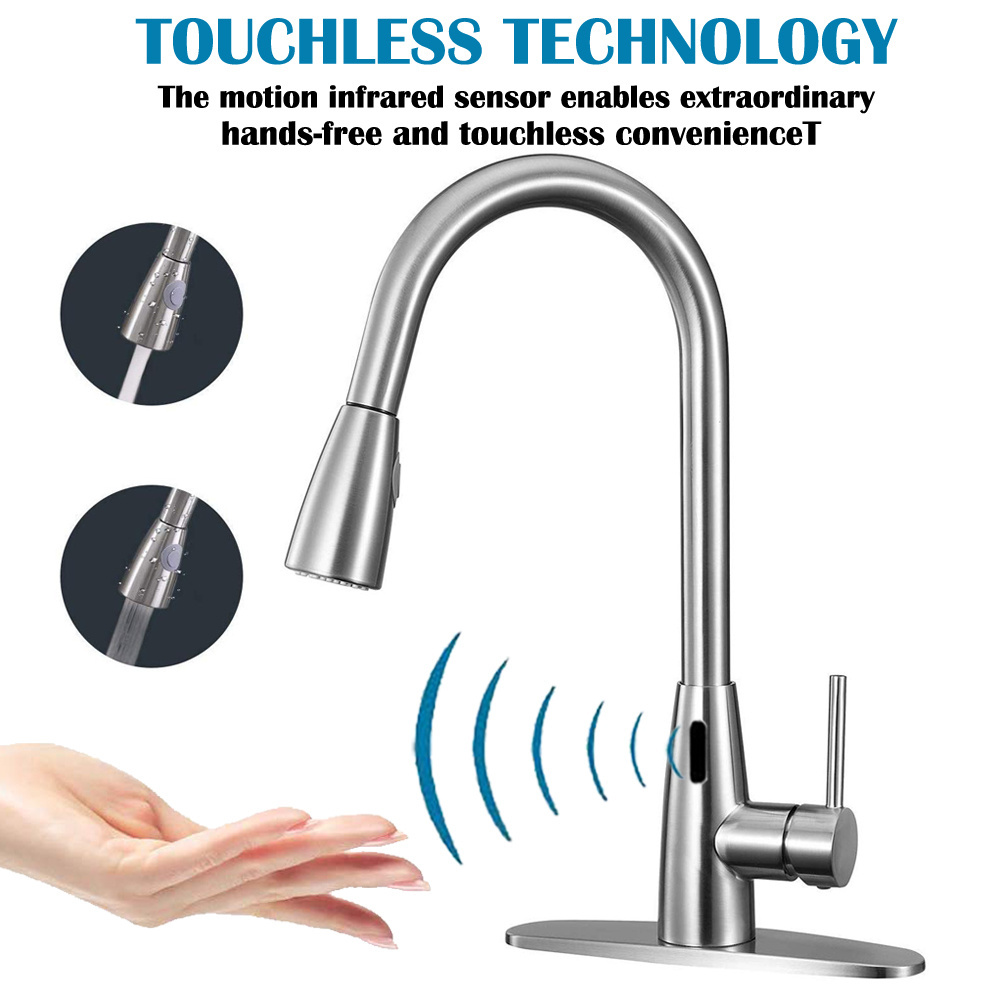 Stainless Steel Sensor Kitchen Faucet with 4 Function Smart Sprayer Hands Free Kitchen Faucet Motion Sensor Kitchen Faucet