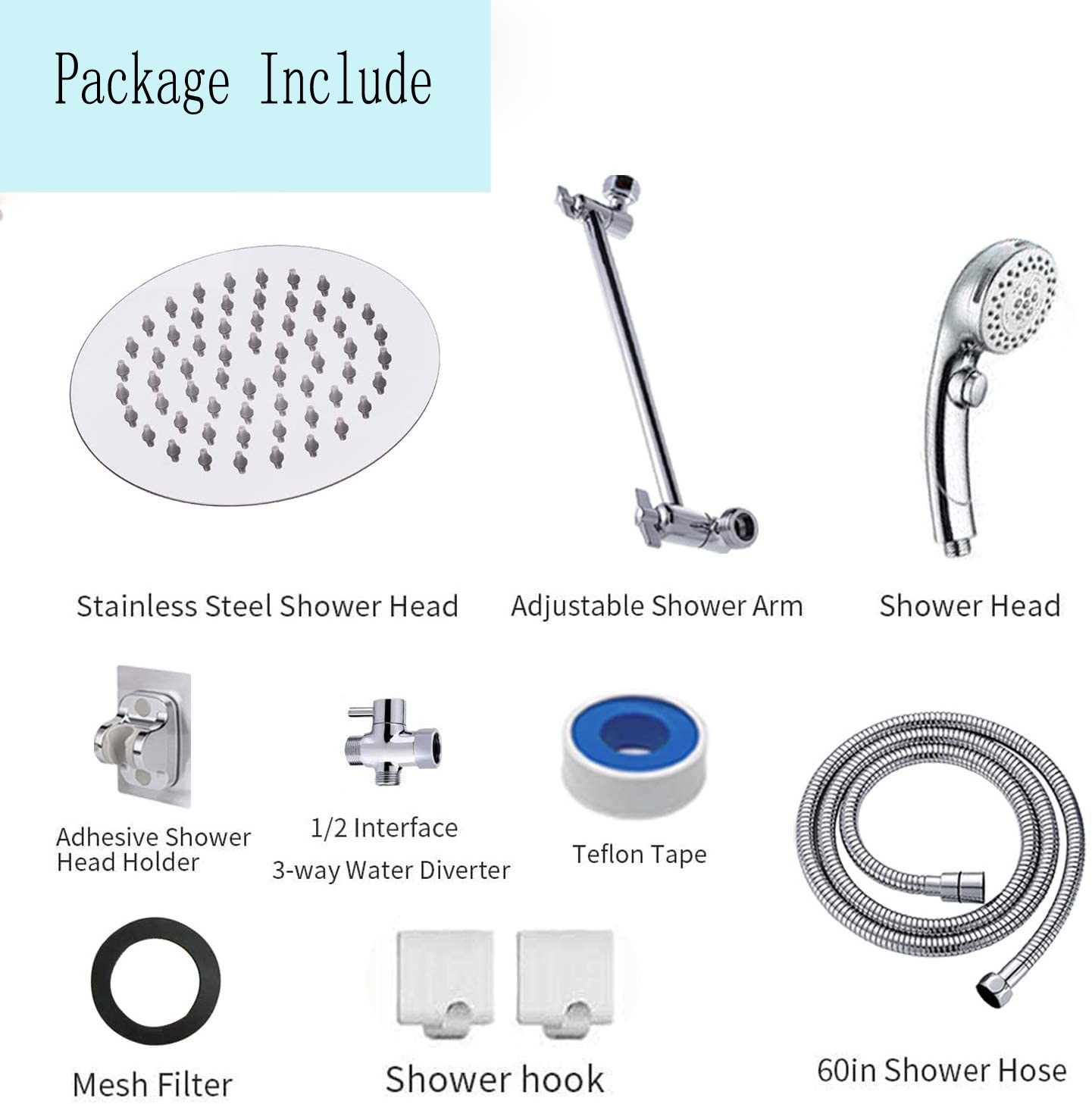 Shower Head Kit with Hose, Luxurious Stainless Steel 8'' Rain Showerhead and 5 Settings Handheld Combo with Push Button Flow Con