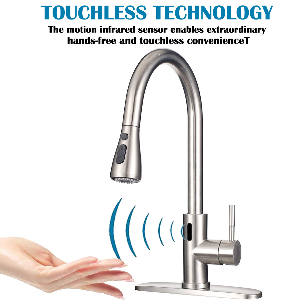 Stainless Steel Sensor Kitchen Faucet with 4 Function Smart Sprayer Hands Free Kitchen Faucet Motion Sensor Kitchen Faucet