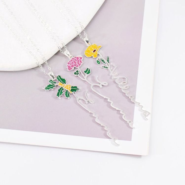 Dropping Oil Colorful Birthday Flower Name Necklace For Women Jewelry Personalized Stainless Steel English Letter Pendant