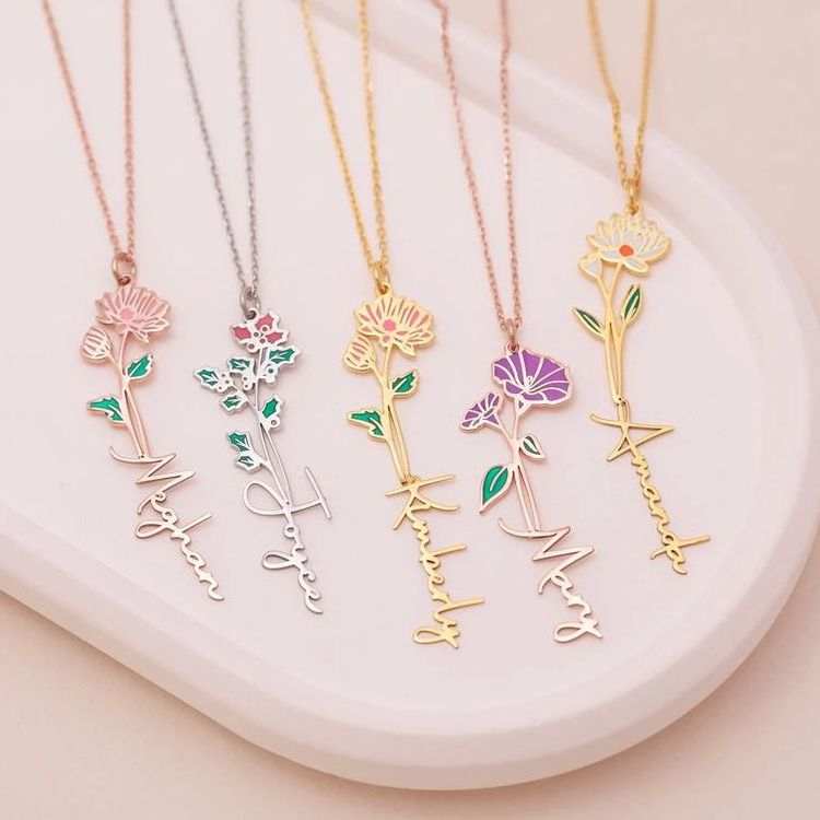 Dropping Oil Colorful Birthday Flower Name Necklace For Women Jewelry Personalized Stainless Steel English Letter Pendant