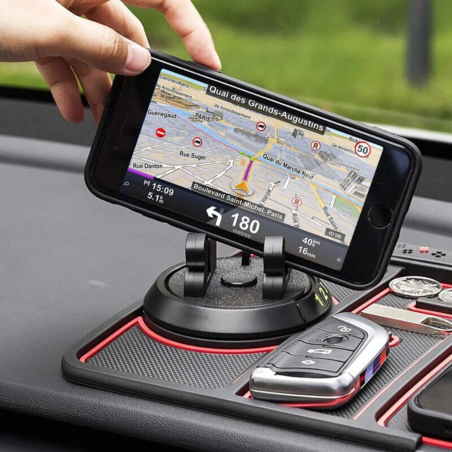 4-in-1 Non-Slip Car Multifunctional Dashboard Anti-Slip Rubber Pad Mat 360 Rotation Car Phone Holder