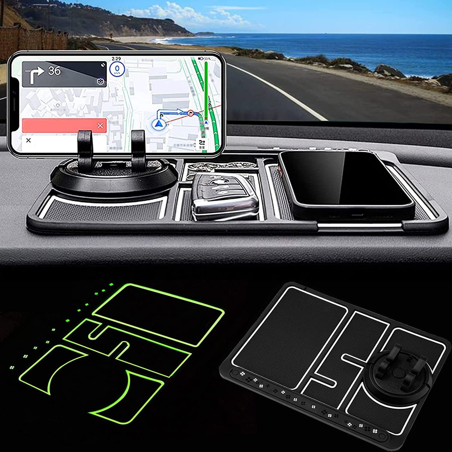 4-in-1 Non-Slip Car Multifunctional Dashboard Anti-Slip Rubber Pad Mat 360 Rotation Car Phone Holder