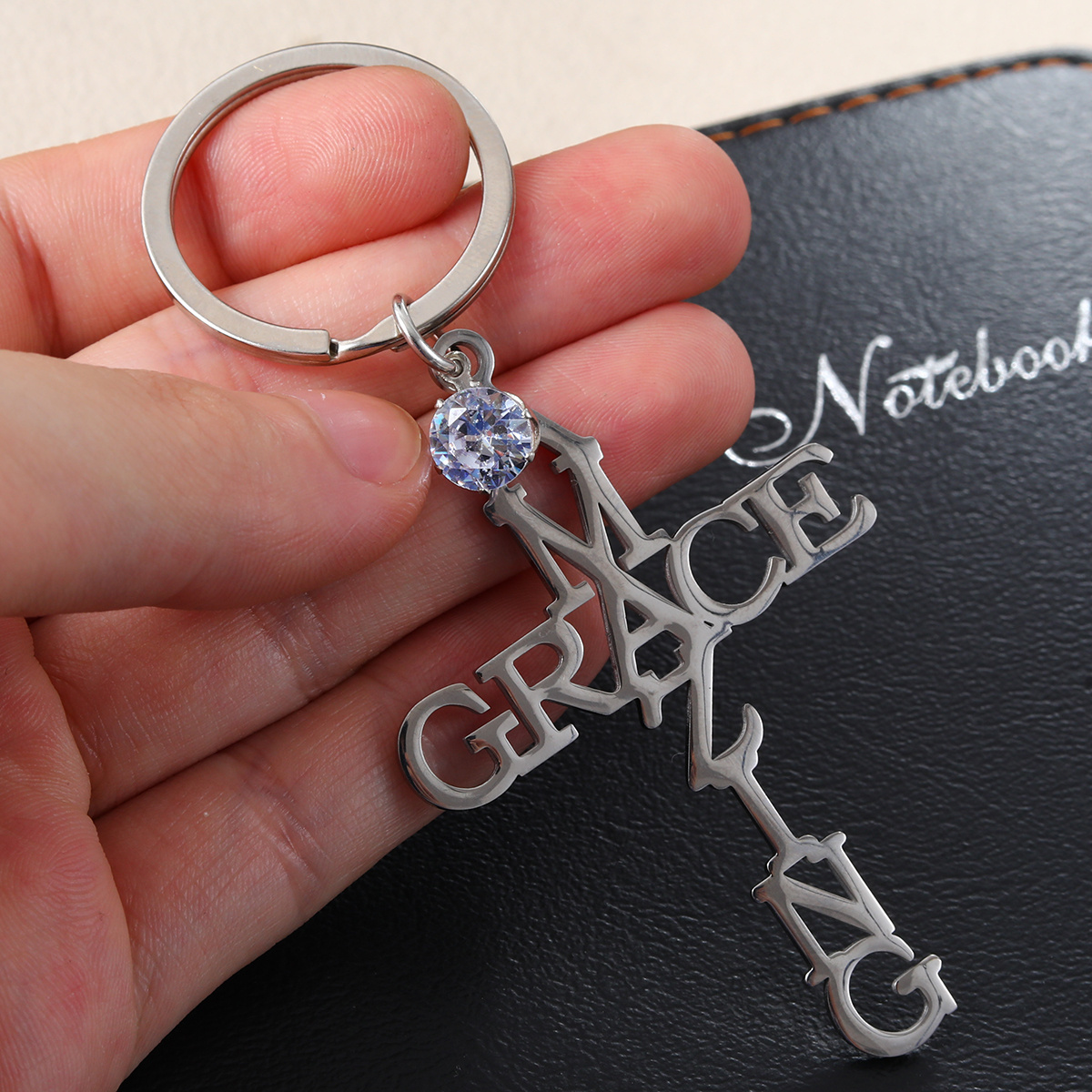 amazing grace christian key silver cross jesus stainless steel keychain with stones