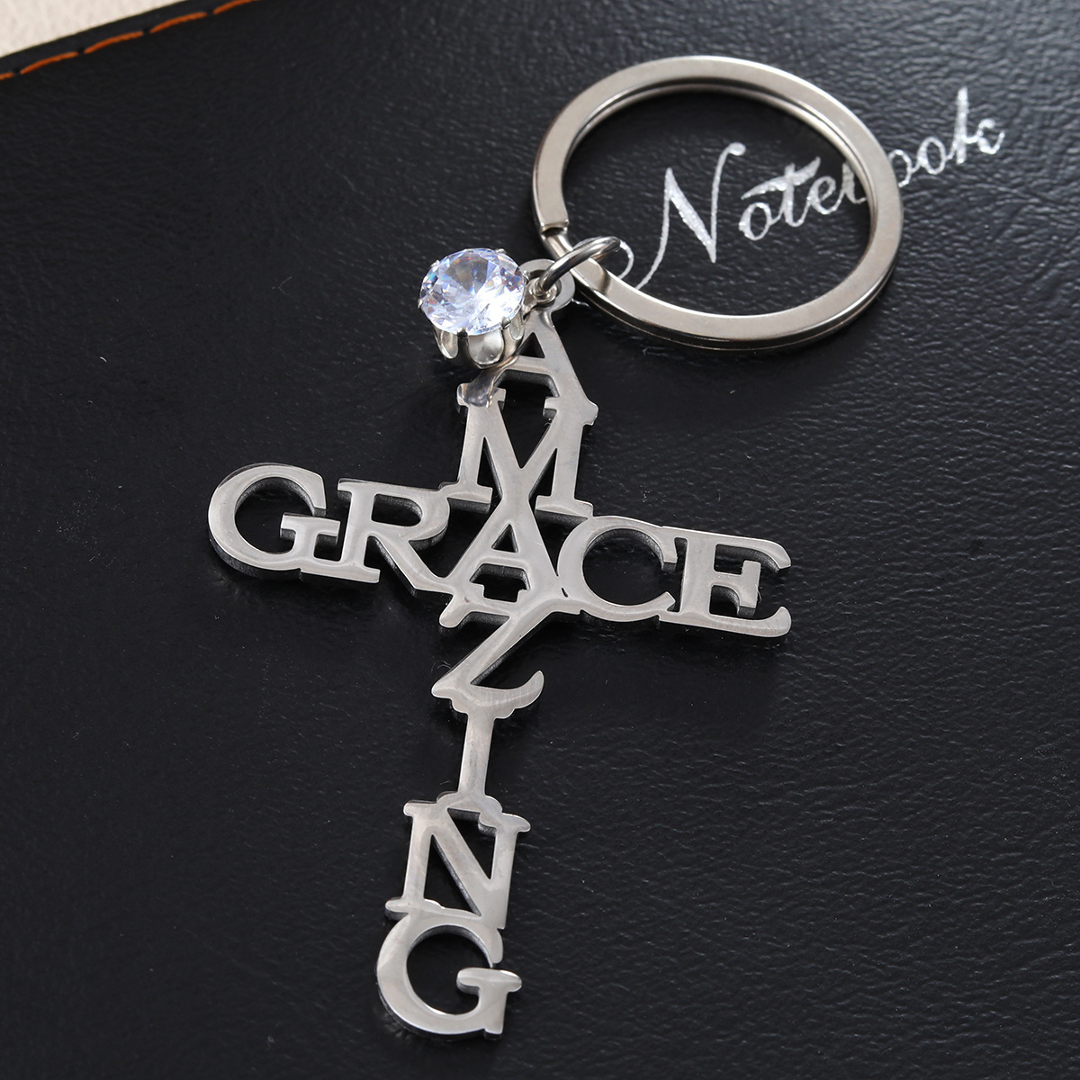 amazing grace christian key silver cross jesus stainless steel keychain with stones