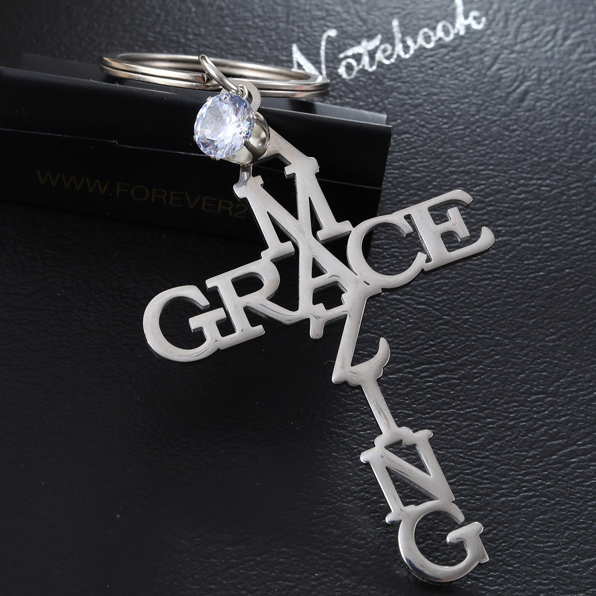 amazing grace christian key silver cross jesus stainless steel keychain with stones