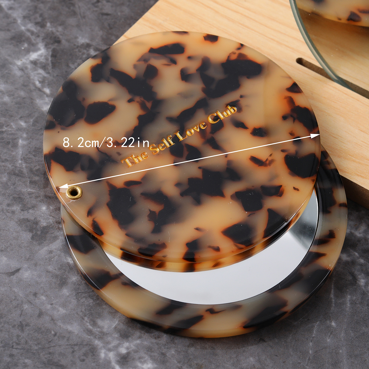 personalized round ethylic acid tortoise pocket compact magic mirror for women