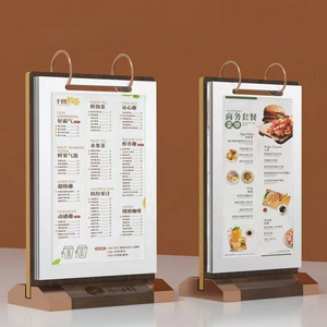 Custom Acrylic Restaurant Menu Holder PVC Film Menu Paper Holder With Walnut Wood And Metal Base