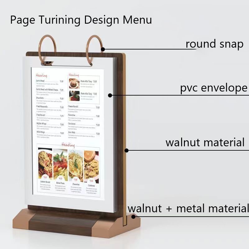 Custom Acrylic Restaurant Menu Holder PVC Film Menu Paper Holder With Walnut Wood And Metal Base