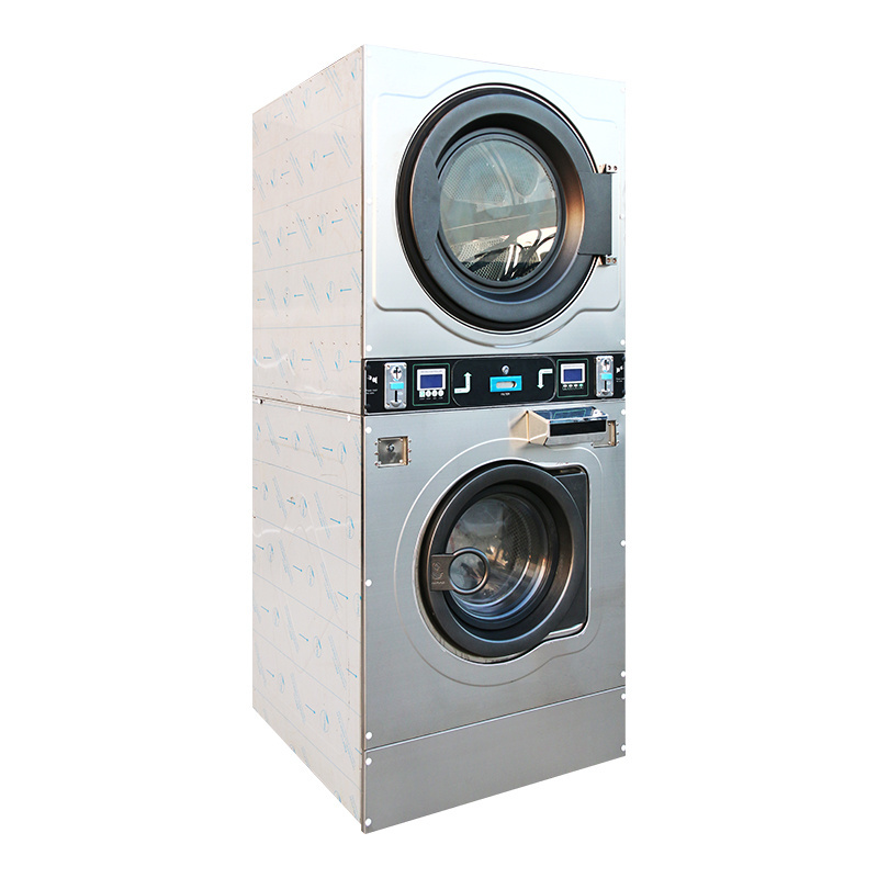 Factory Wholesale Stainless Steel Self Coin Operated Service Double Stack Commercial Washer And Dryer for Hotel and Commercial