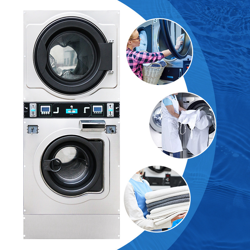 Factory Wholesale Stainless Steel Self Coin Operated Service Double Stack Commercial Washer And Dryer for Hotel and Commercial