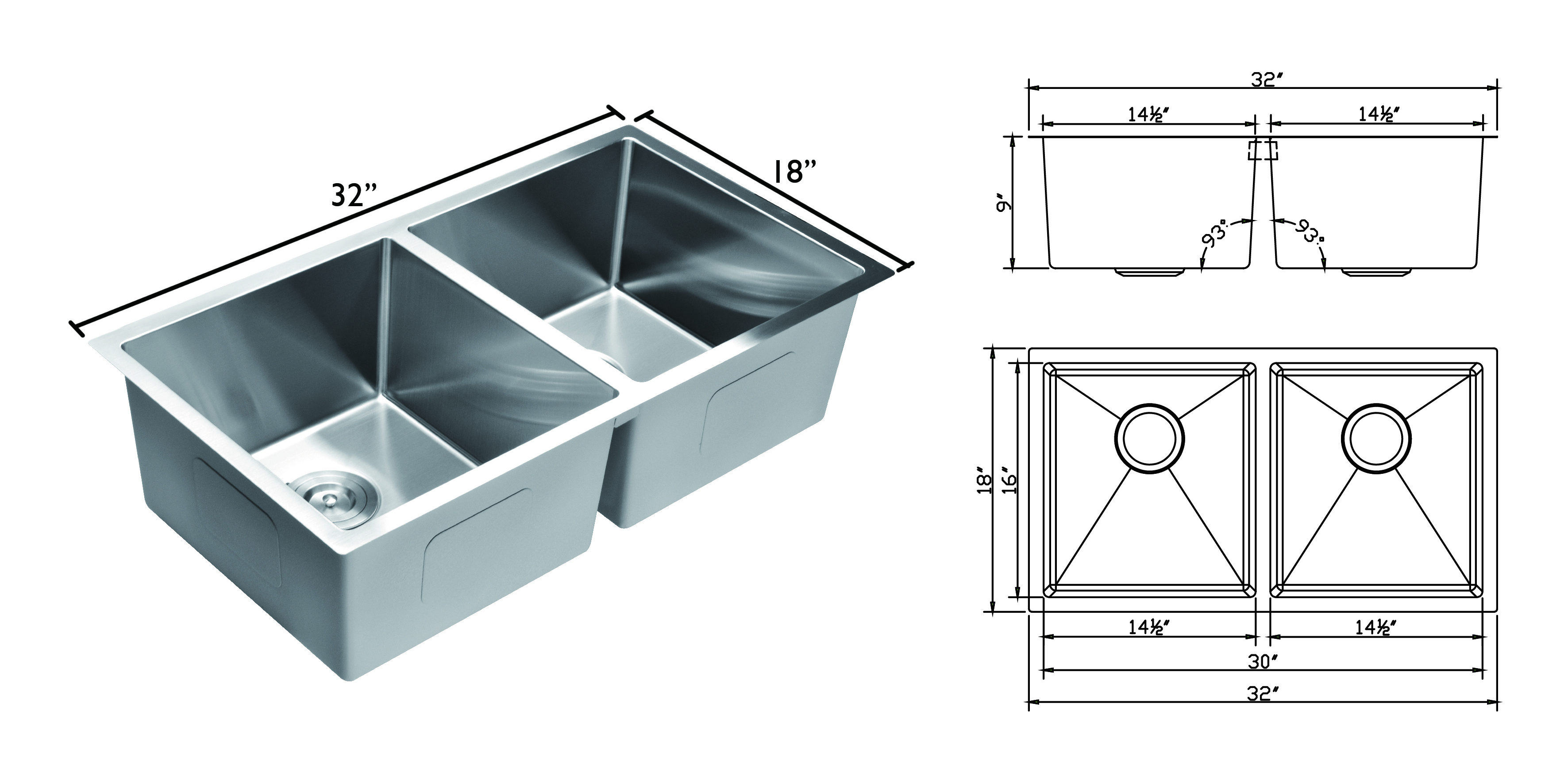 Luxury 304 kitchen sink undermount double bowl handmade square North America standard size stainless steel sink for kitchen