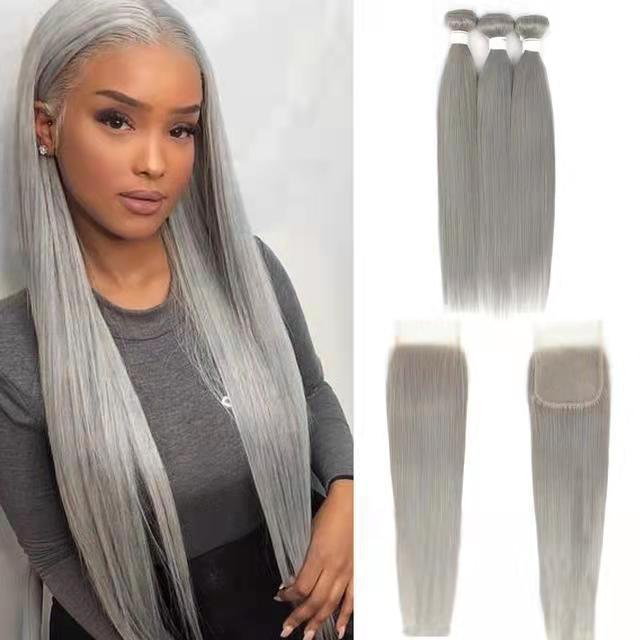 Top Silver Bundles With Closure Grey virgin raw Human Hair extensions Weaving For Braiding