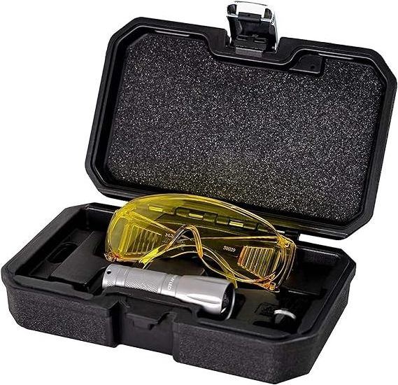 LED True Ultraviolet Leak Detection Flashlight with Yellow Protective Goggles. UV Dye Leak Detector for auto A/C and HVAC