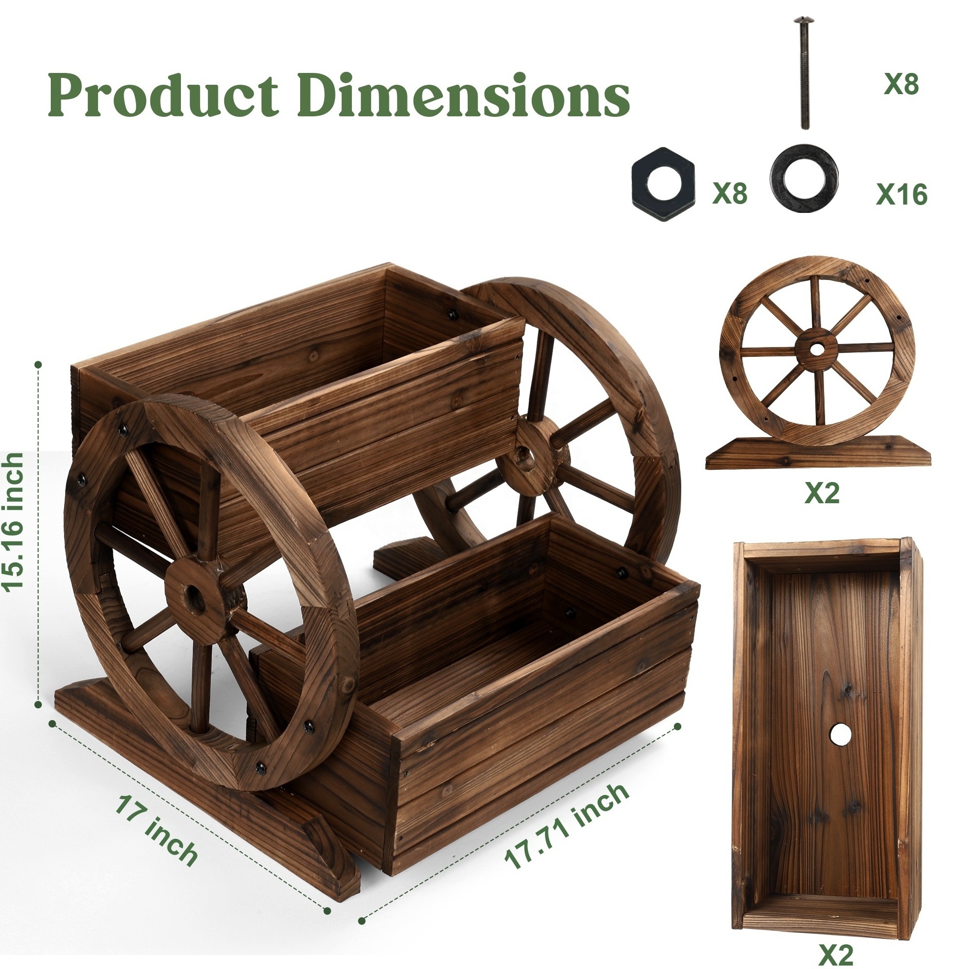 Garden Wooden Decorative Flower Planter Box with Wagon Wheels Raised Wood Bed for Flowers Herbs Vegetables Wooden Flower Cart