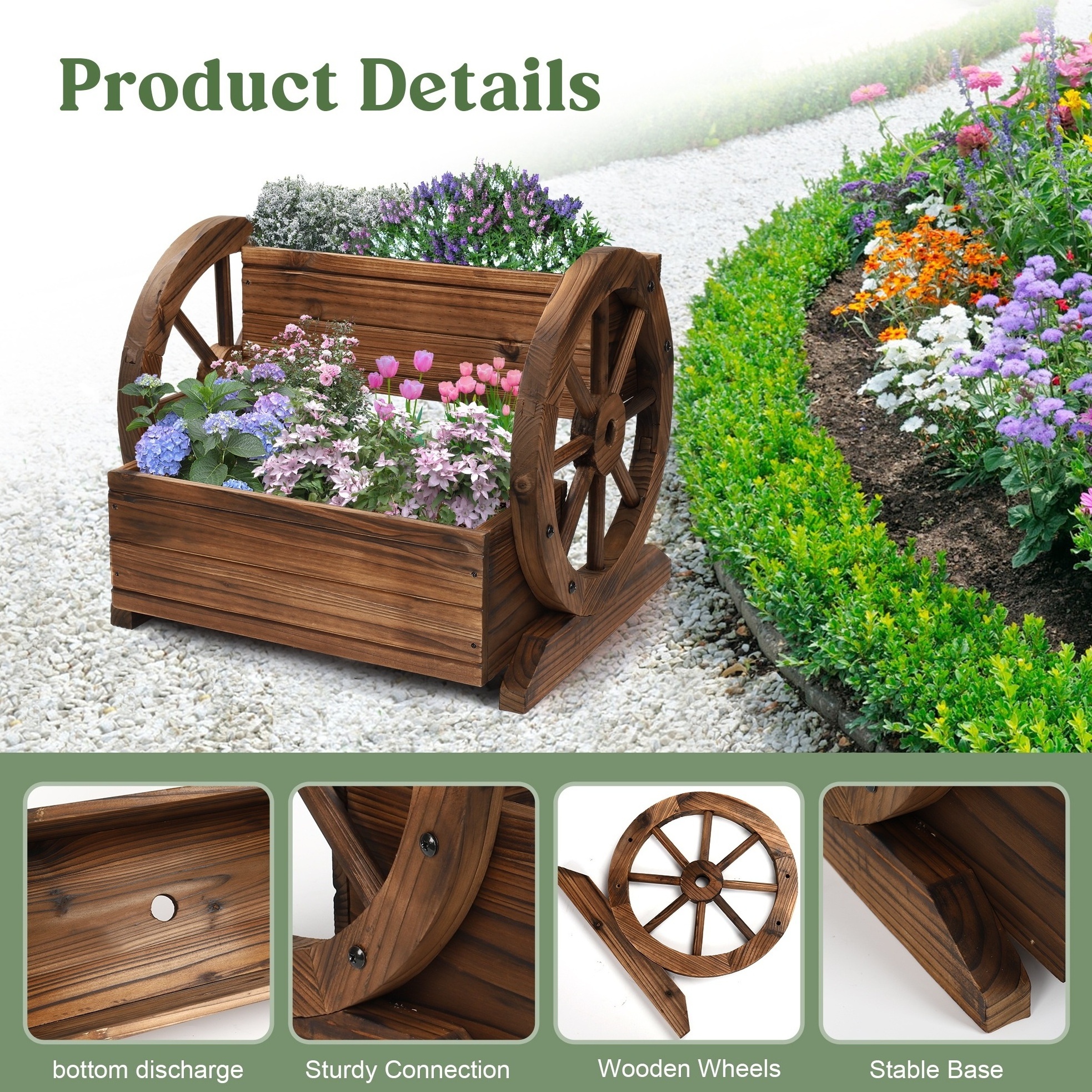 Garden Wooden Decorative Flower Planter Box with Wagon Wheels Raised Wood Bed for Flowers Herbs Vegetables Wooden Flower Cart