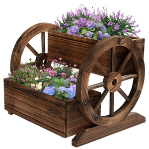 Garden Wooden Decorative Flower Planter Box with Wagon Wheels Raised Wood Bed for Flowers Herbs Vegetables Wooden Flower Cart