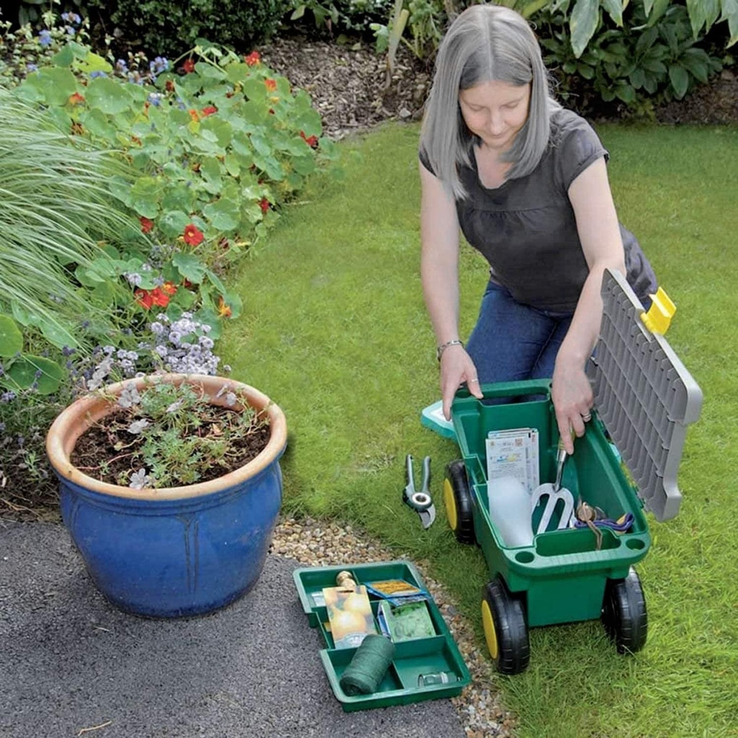 Garden Tool Cart and Seat with Wheel Portable Rolling Weeding Stool and Tool Storage