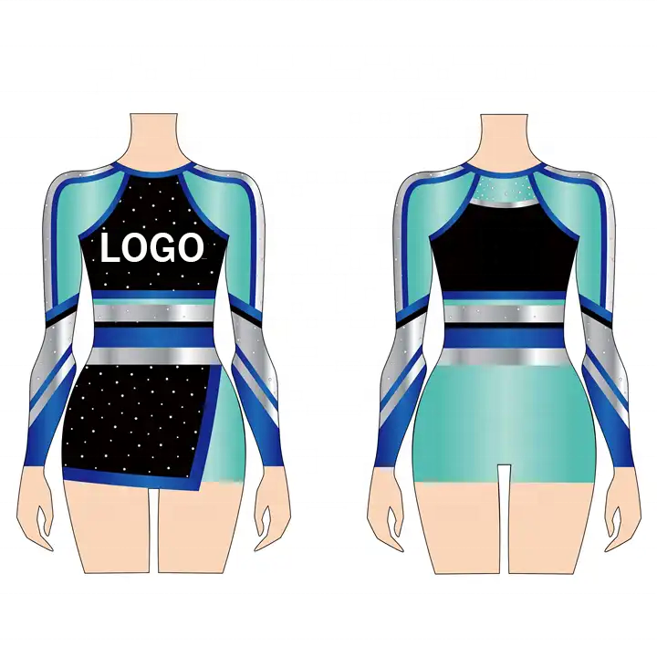 Hot Sale Long Sleeve Top Skirt Sexy Girl Cheerleading Uniform Shiny Rhinestone Stage Costume Rhinestone Cheerleading Uniforms