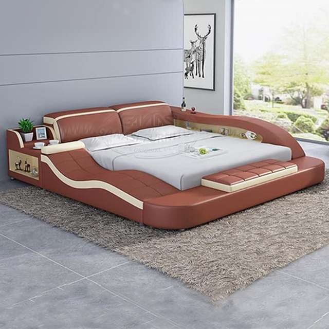 Modern Furniture Bedroom Foshan Box Function Storage Real Italian leather Adjustable Slat royal king size bed