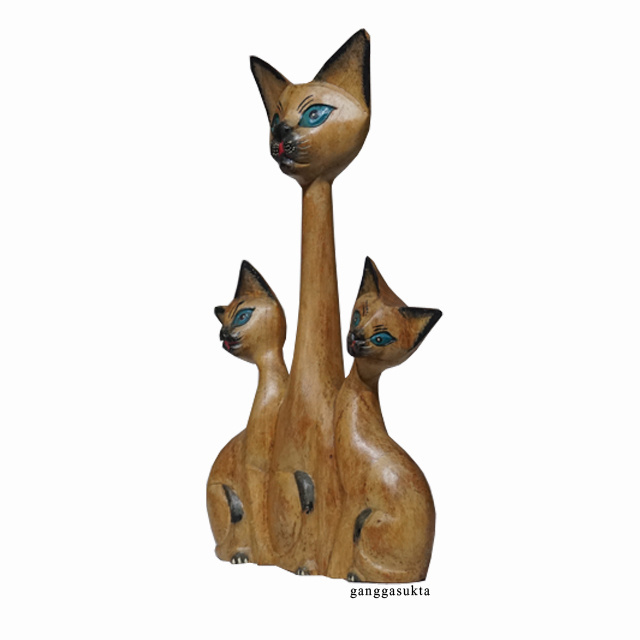 Wooden Three Cat Family Bali Handicraft Carved Wood Handmade High-Quality Home Decoration