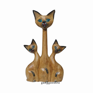 Wooden Three Cat Family Bali Handicraft Carved Wood Handmade High-Quality Home Decoration