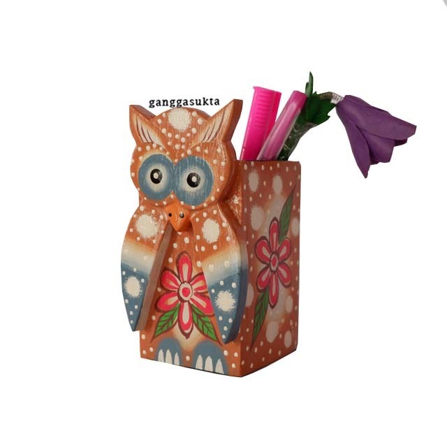 Wooden Owl pencil holder with art painting technique