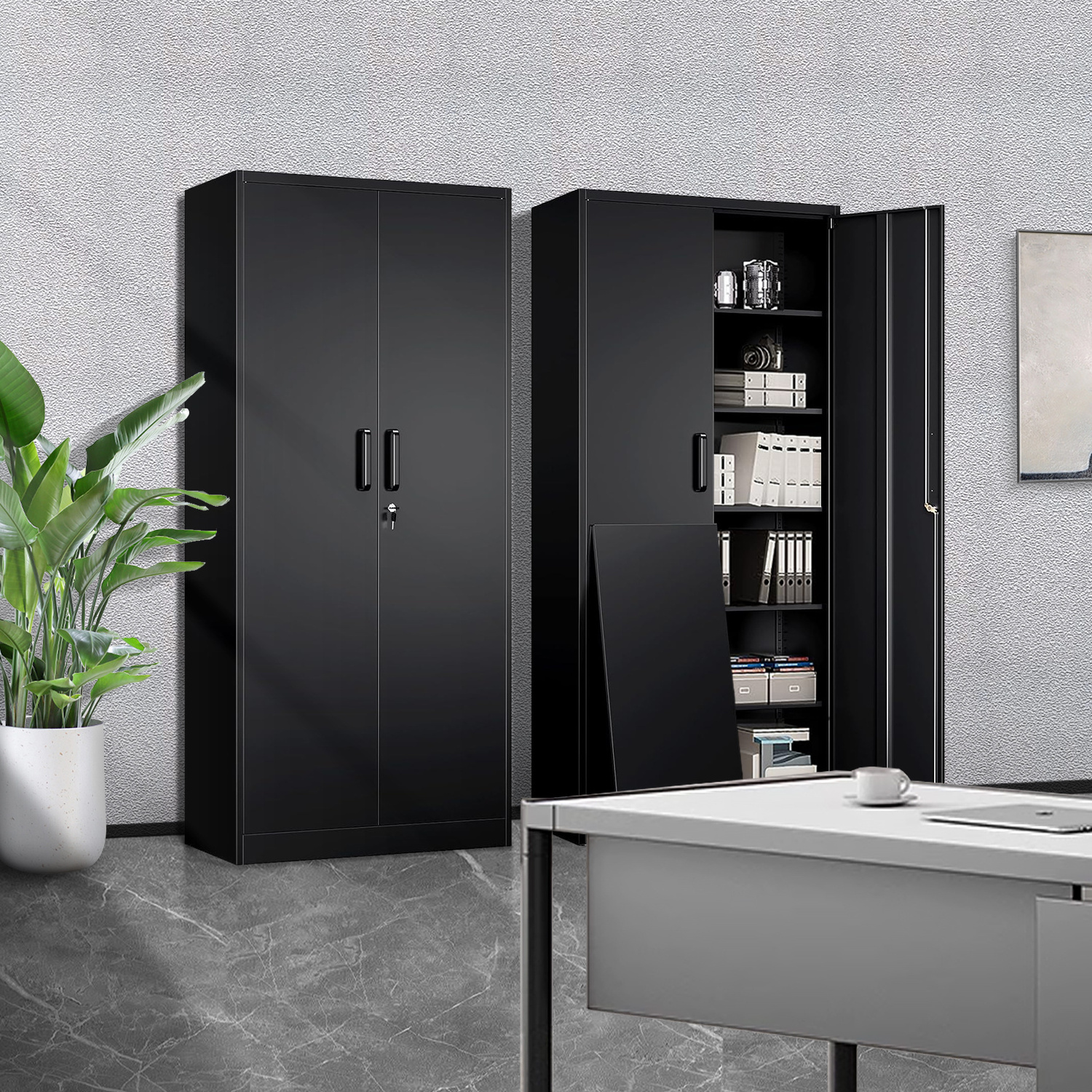 Metal Storage Cabinets with Lock Tall Locker Steel Cabinets Adjustable Shelves 2 Doors for  Warehouse Garage Lockers Black