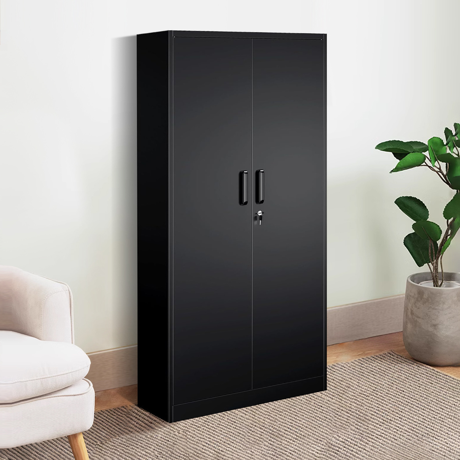 Metal Storage Cabinets with Lock Tall Locker Steel Cabinets Adjustable Shelves 2 Doors for  Warehouse Garage Lockers Black