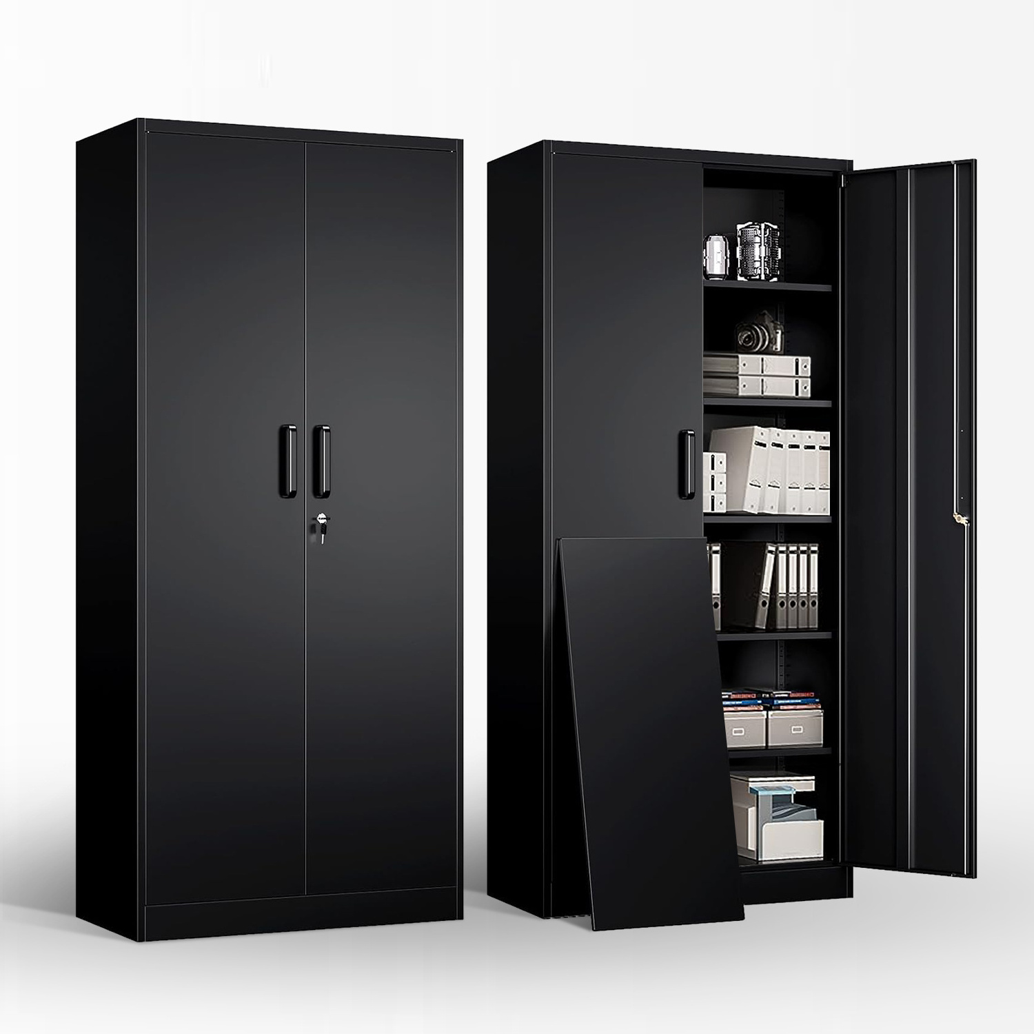 Metal Storage Cabinets with Lock Tall Locker Steel Cabinets Adjustable Shelves 2 Doors for  Warehouse Garage Lockers Black