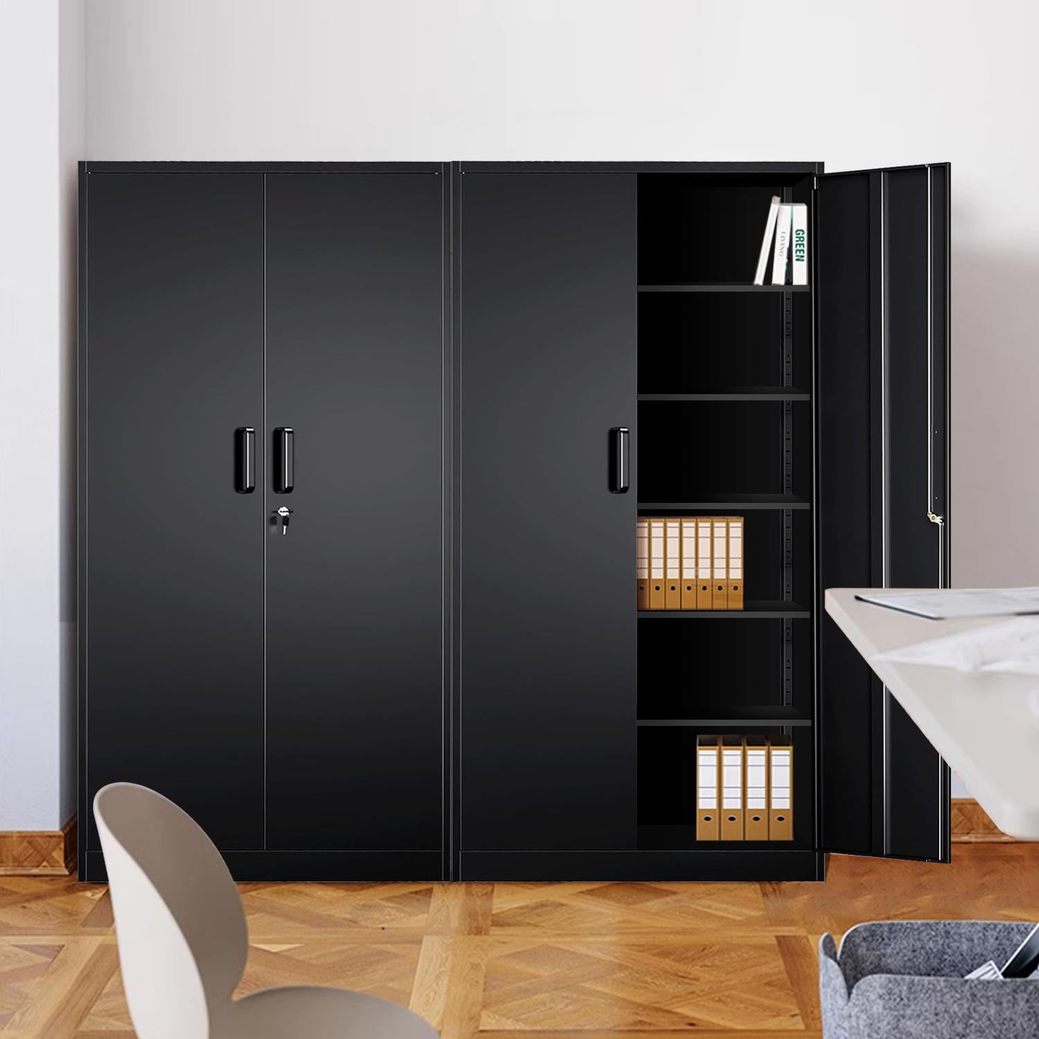 Metal Storage Cabinets with Lock Tall Locker Steel Cabinets Adjustable Shelves 2 Doors for  Warehouse Garage Lockers Black