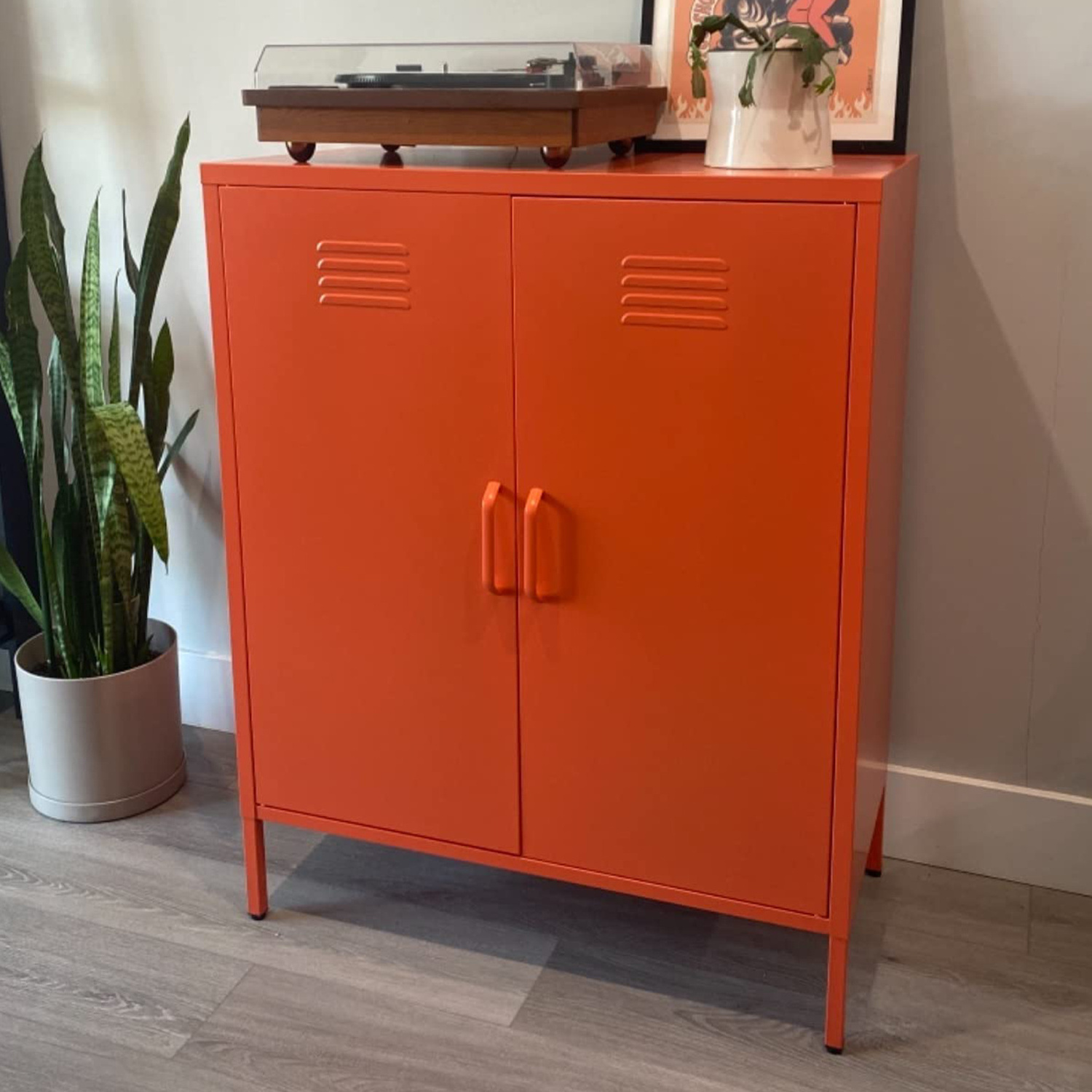 Orange 2 Door Metal Locker Style Accent steel Storage Cabinet with 2 Adjustable Shelves for Home, Office, Entryway and Hallway,