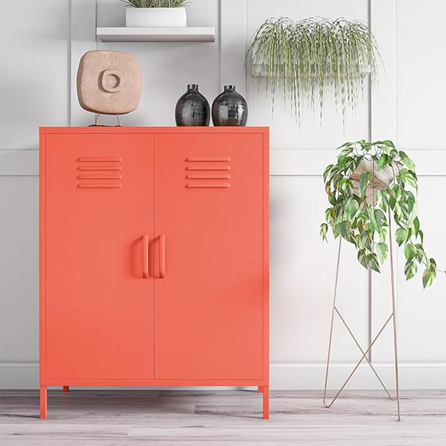 Orange 2 Door Metal Locker Style Accent steel Storage Cabinet with 2 Adjustable Shelves for Home, Office, Entryway and Hallway,