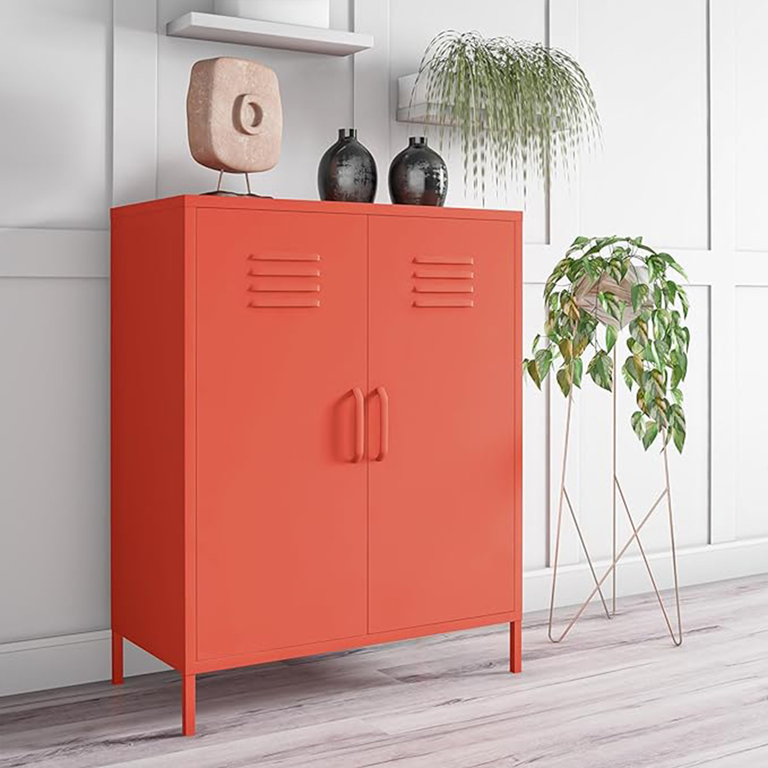 Orange 2 Door Metal Locker Style Accent steel Storage Cabinet with 2 Adjustable Shelves for Home, Office, Entryway and Hallway,