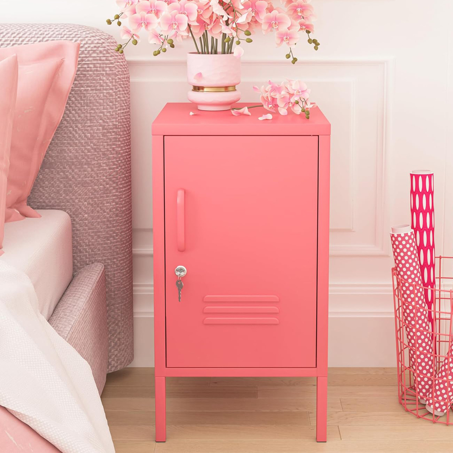 Durable mini pink bedside steel single door student toys storage metal locker cabinet for USA  Living Room Metal Locker Wardrobe