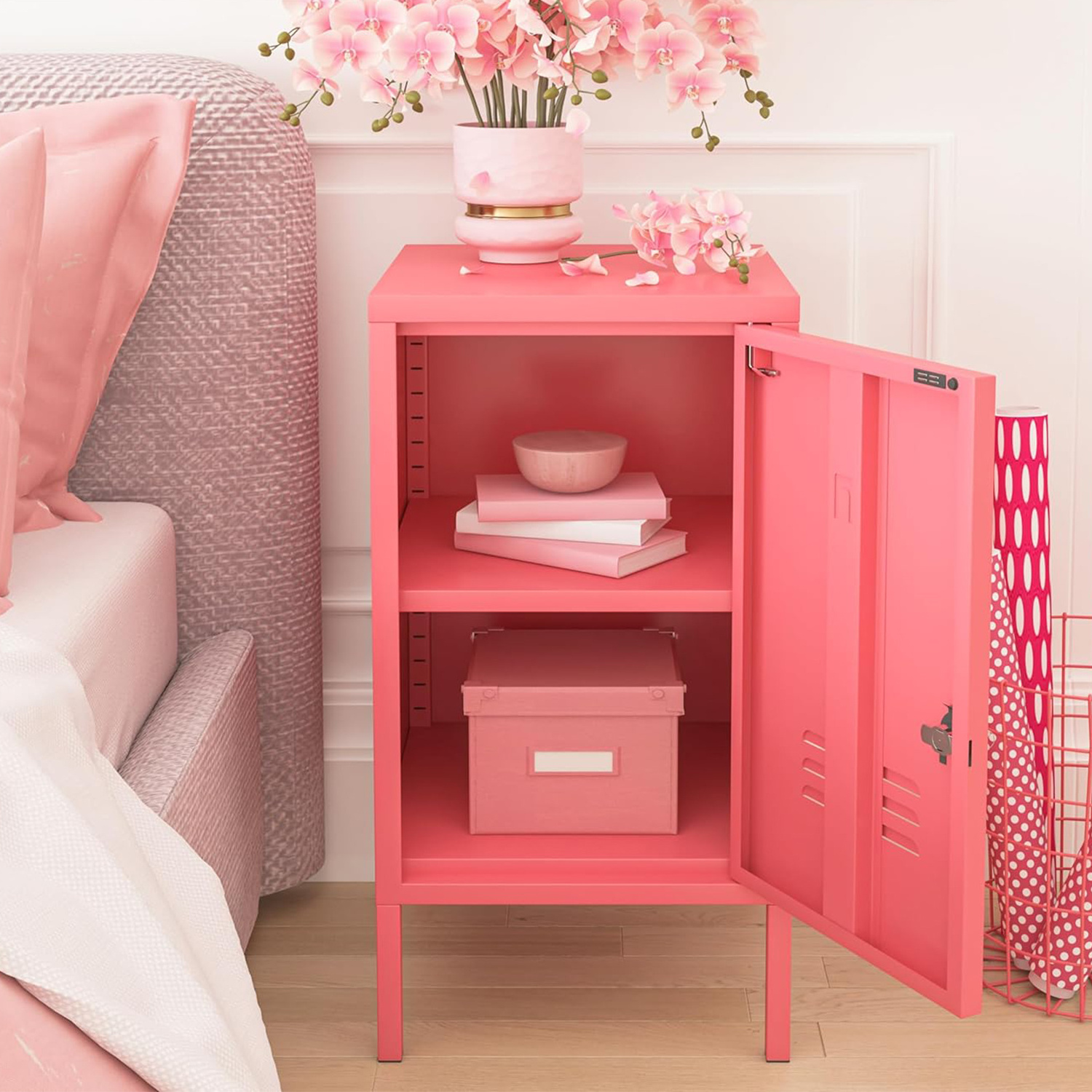 Durable mini pink bedside steel single door student toys storage metal locker cabinet for USA  Living Room Metal Locker Wardrobe