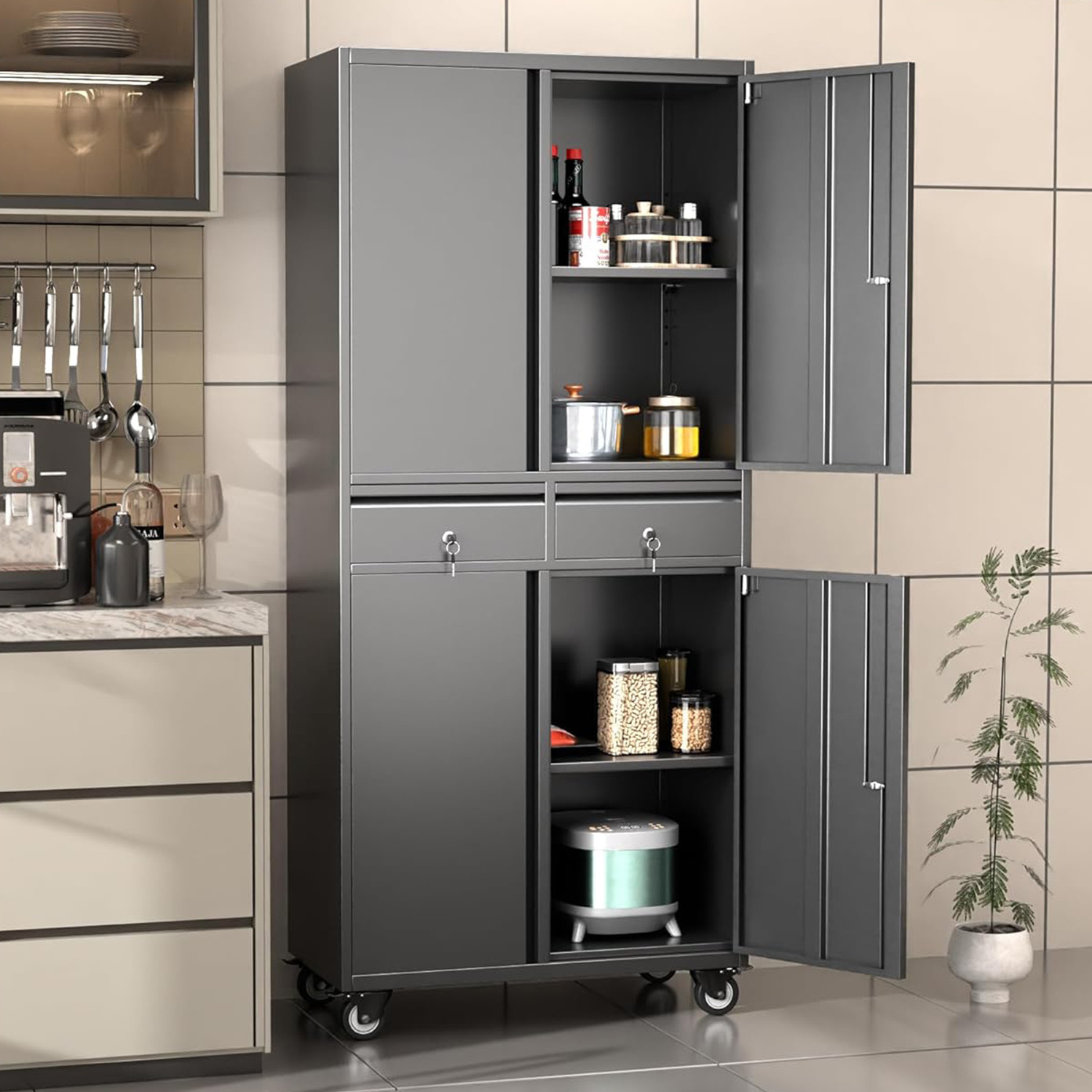 Metal Storage Cabinet with Wheels Garage Storage Cabinet with 2 Drawers and 2 Adjustable Shelves for Homes Kitchens and Pantries