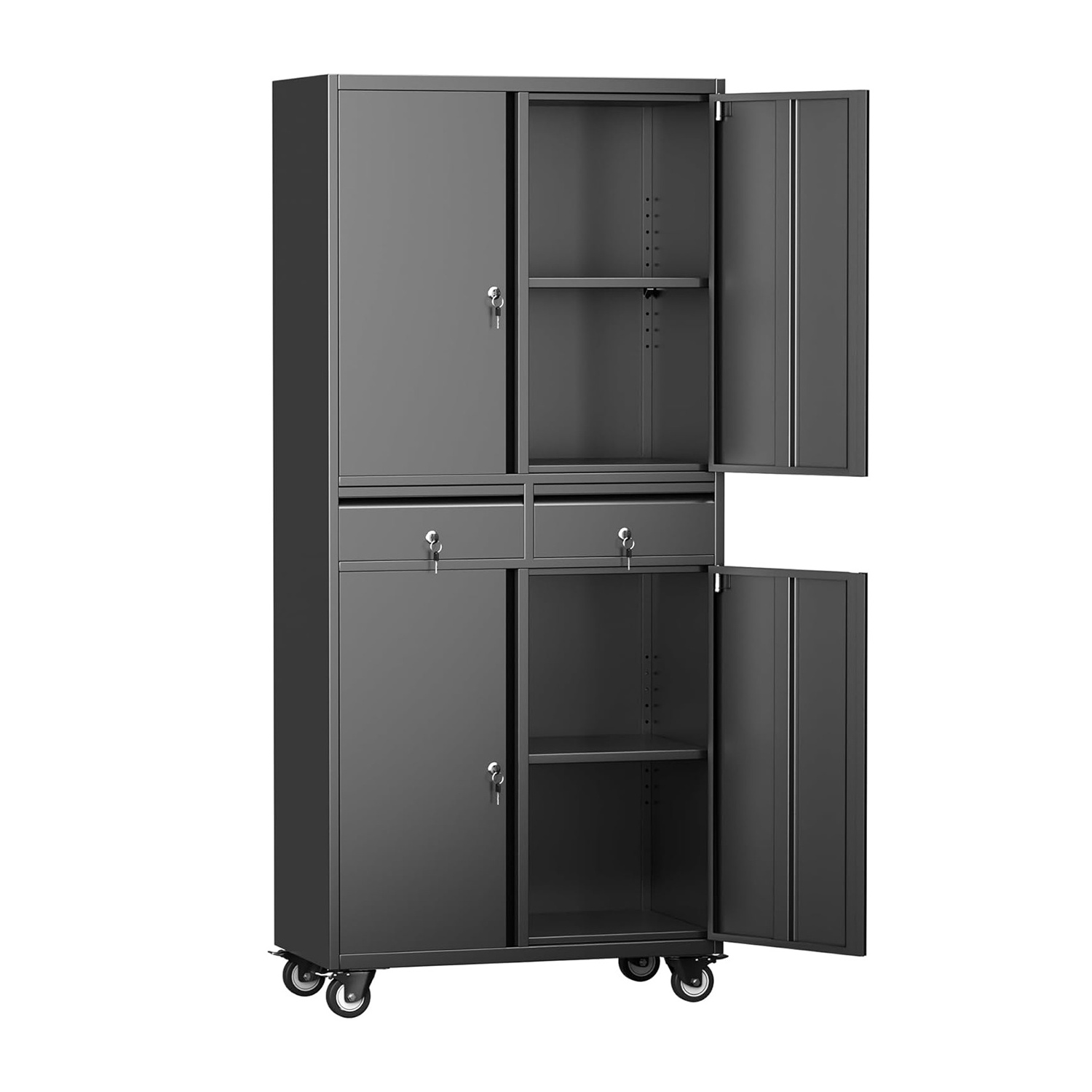 Metal Storage Cabinet with Wheels Garage Storage Cabinet with 2 Drawers and 2 Adjustable Shelves for Homes Kitchens and Pantries