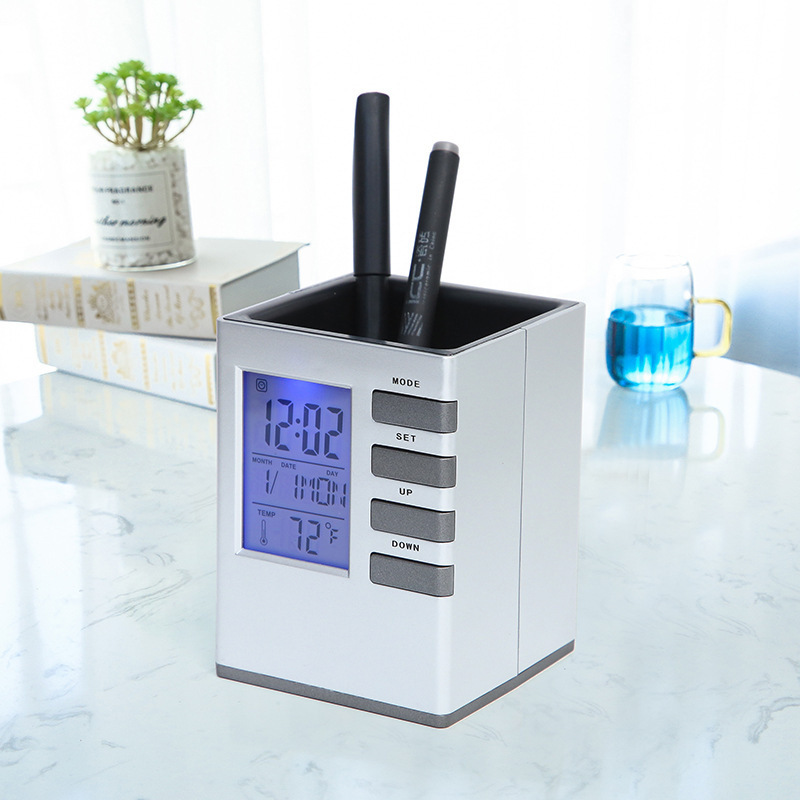 Creative Fancy Multi functional Office Digital Snooze Function Electronic Calendar Alarm Pen Holder Clock