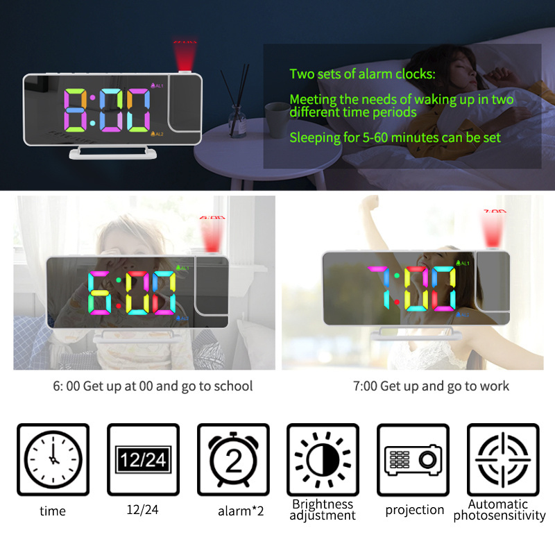 New RGB Colorful LED Digital display Bedroom Desktop Electronic  Projection Clock Mirror Alarm Clock with USB Charging