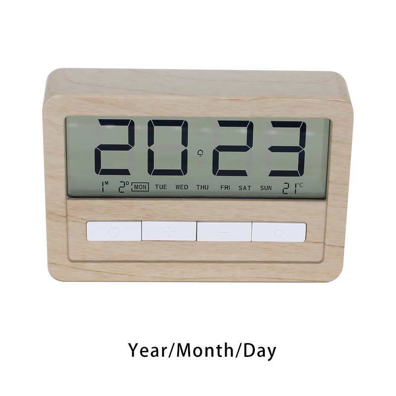 Home desktop electronic clock, living room wood grain decoration, LCD transparent display, digital alarm clock