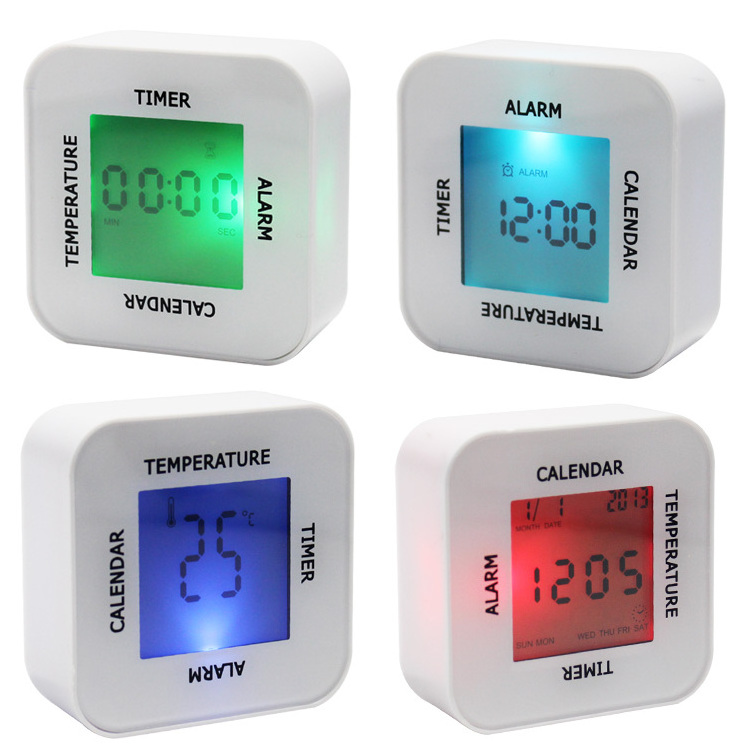 4 in 1 Rotative Function Mini Cube LED Colorful Changing Alarm Clock