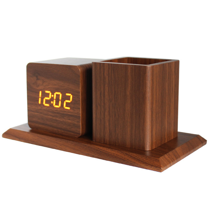 Fancy Promotional Gifts For Students Desk LED Digital Electronic Wooden Penholder Alarm Clock