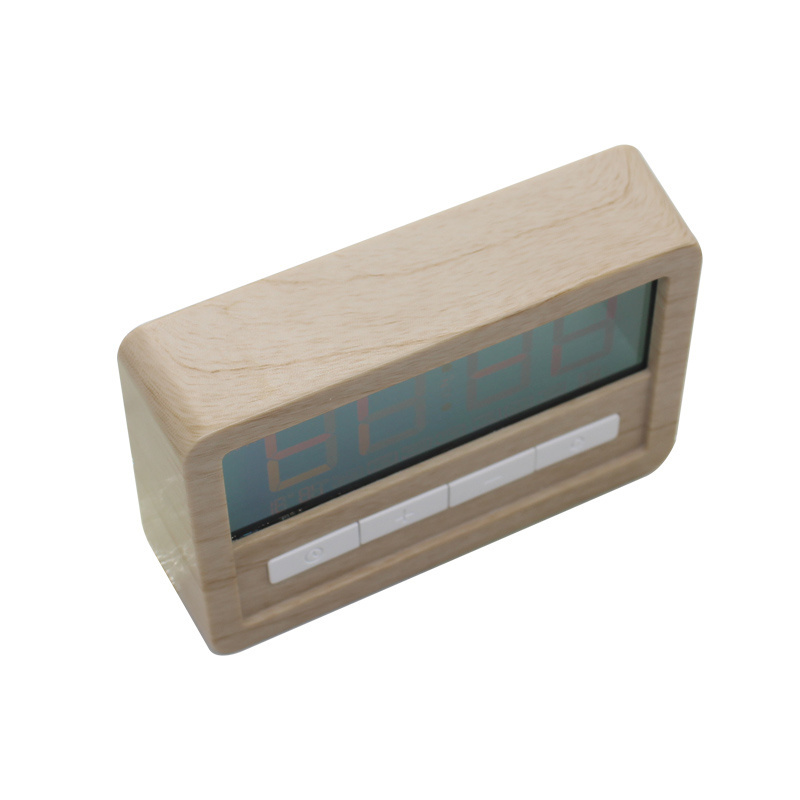 Home desktop electronic clock, living room wood grain decoration, LCD transparent display, digital alarm clock