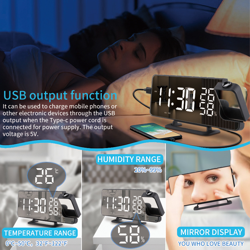 Projection Alarm Clock Wall Decoration Electronic Digital Clocks With FM Radio Projector Thermometer Humidity Mirror clock