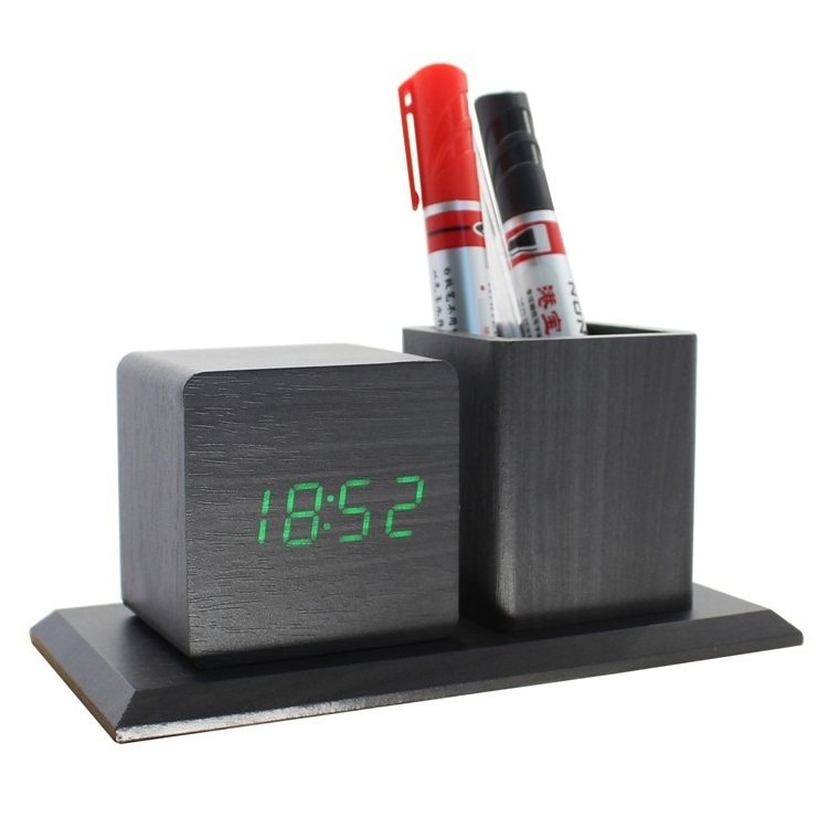 Fancy Promotional Gifts For Students Desk LED Digital Electronic Wooden Penholder Alarm Clock